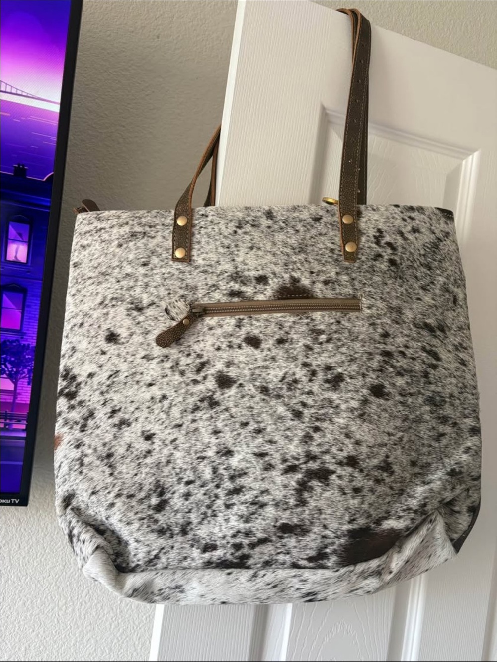 Myra Bag Cowhide Patchwork Tote in Brown, White & Tan - Picture 3 of 4